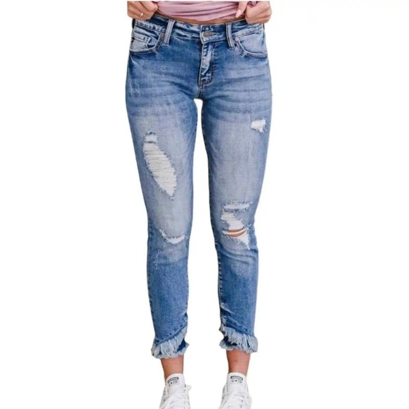 Kancan Women's Double Raw Hem Fringe Distressed Jeans Medium Wash Size 11/29 - Picture 1 of 11